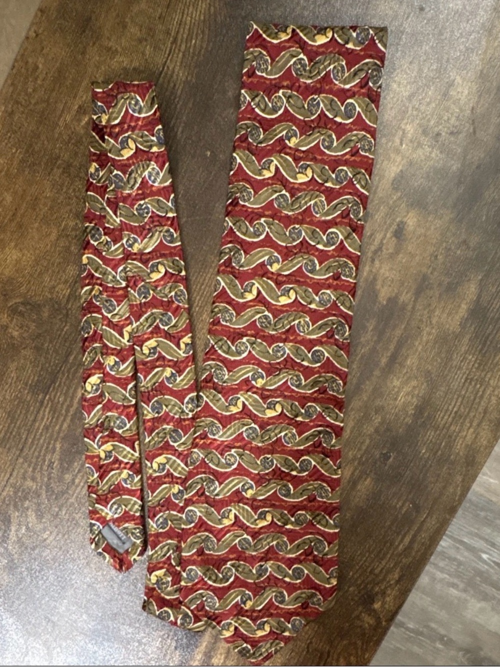 Robert Talbott Red Patterned Silk Tie with Gold and Green Accents